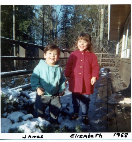 James must have been about 1 1/2 years old to my three years. It looks like we were having much fun in a rare Seattle-area snow.
