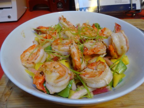 Shrimp and mango with lime, avocado, radish, and jicama.